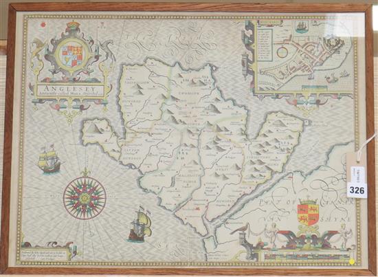 John Speed (1552-1629), a map of Anglesey - Antiently called Mona, later hand-coloured, plate size 38.5 x 51cm